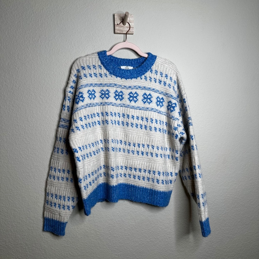 Entro Womens Blue Cream‎ Fair Isle Snowflake Knit Sweater Large Nordic
